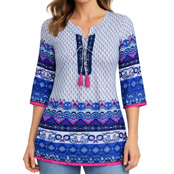 Soft Surroundings Tops - Soft Surroundings Tunic Blouse Small Satin Tassel 3/4 Sleeve Top Boho